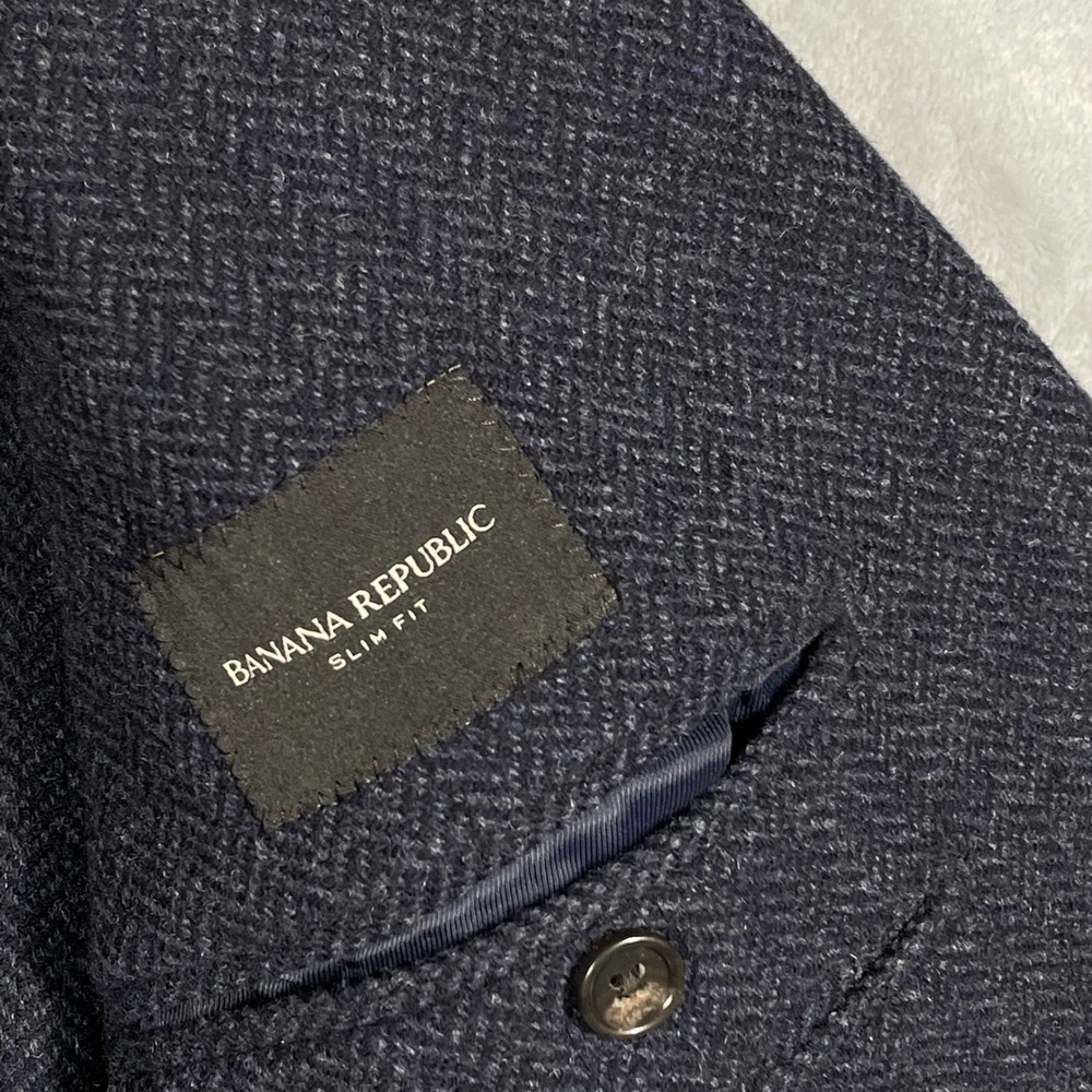 Banana Republic Mens 38S Blazer Navy Blue Herringbone Mario Bellucci Wool Slim - Picture 9 of 14